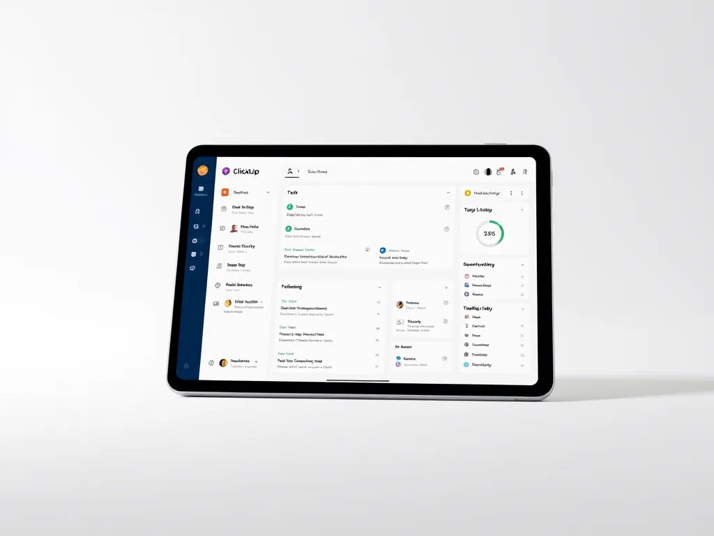 ClickUp 2025 dashboard with task management features on a tablet.
