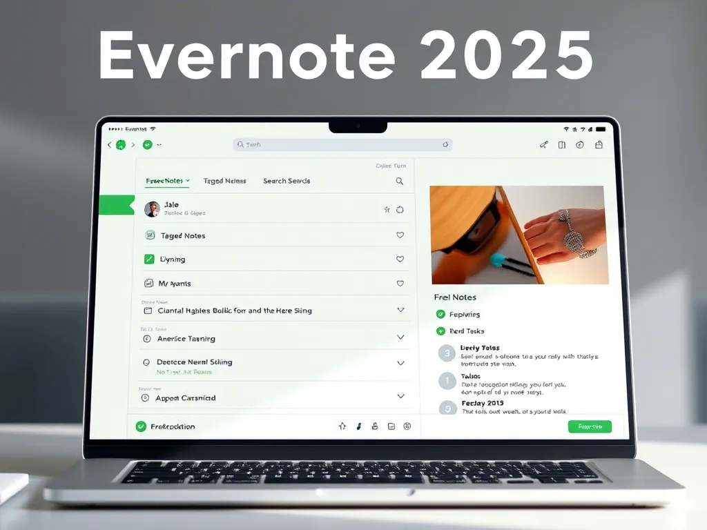 Evernote 2025 interface with organized notes on a laptop.