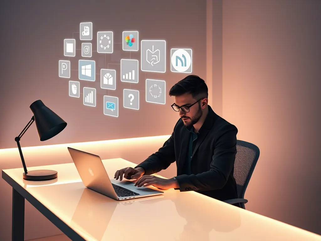 Professional using 2025 software on laptop and tablet in a modern workspace.